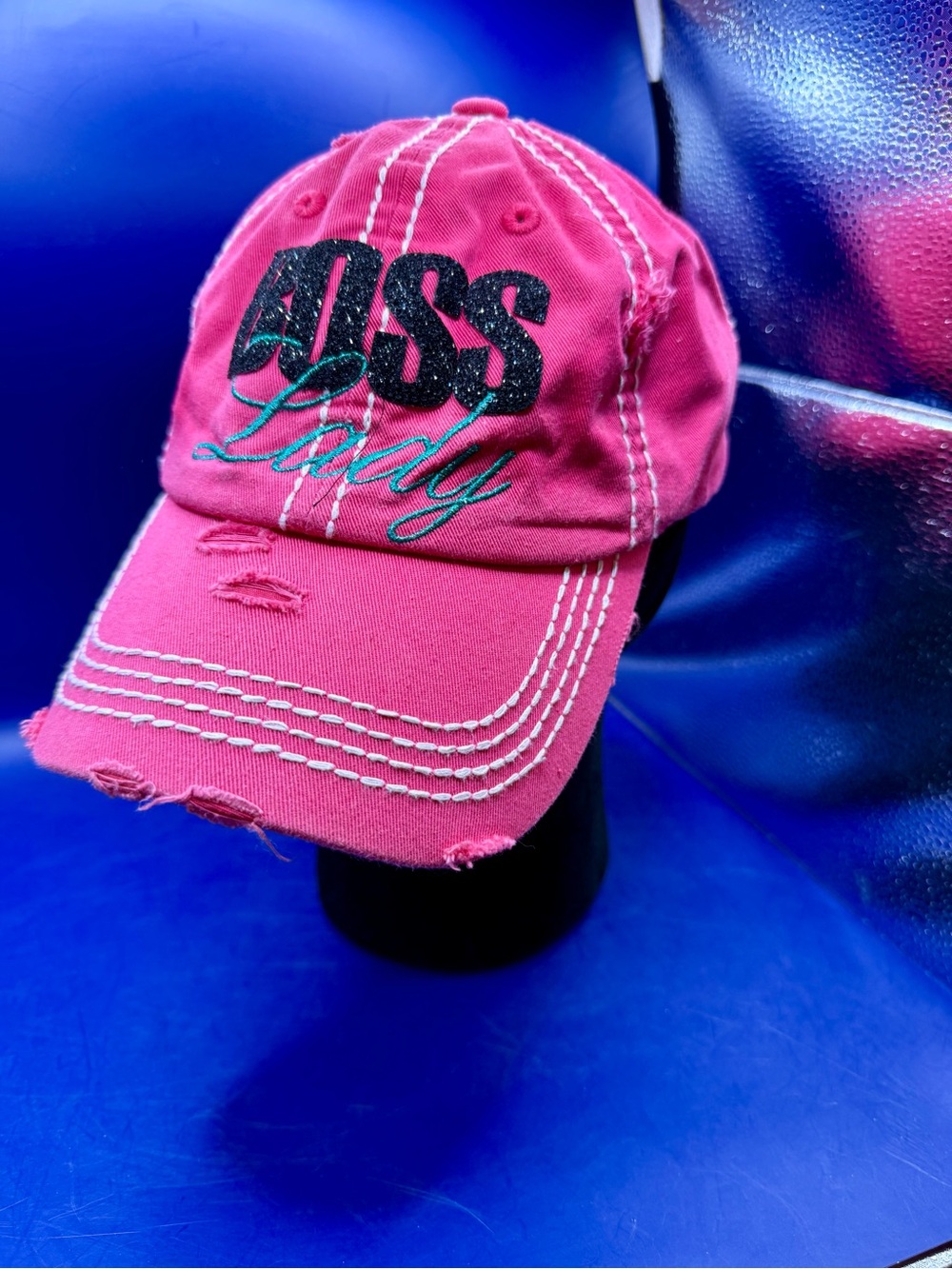 KBETHOS Vintage Boss Lady Baseball Cap Hot Pink Glitter Distressed Adjustable